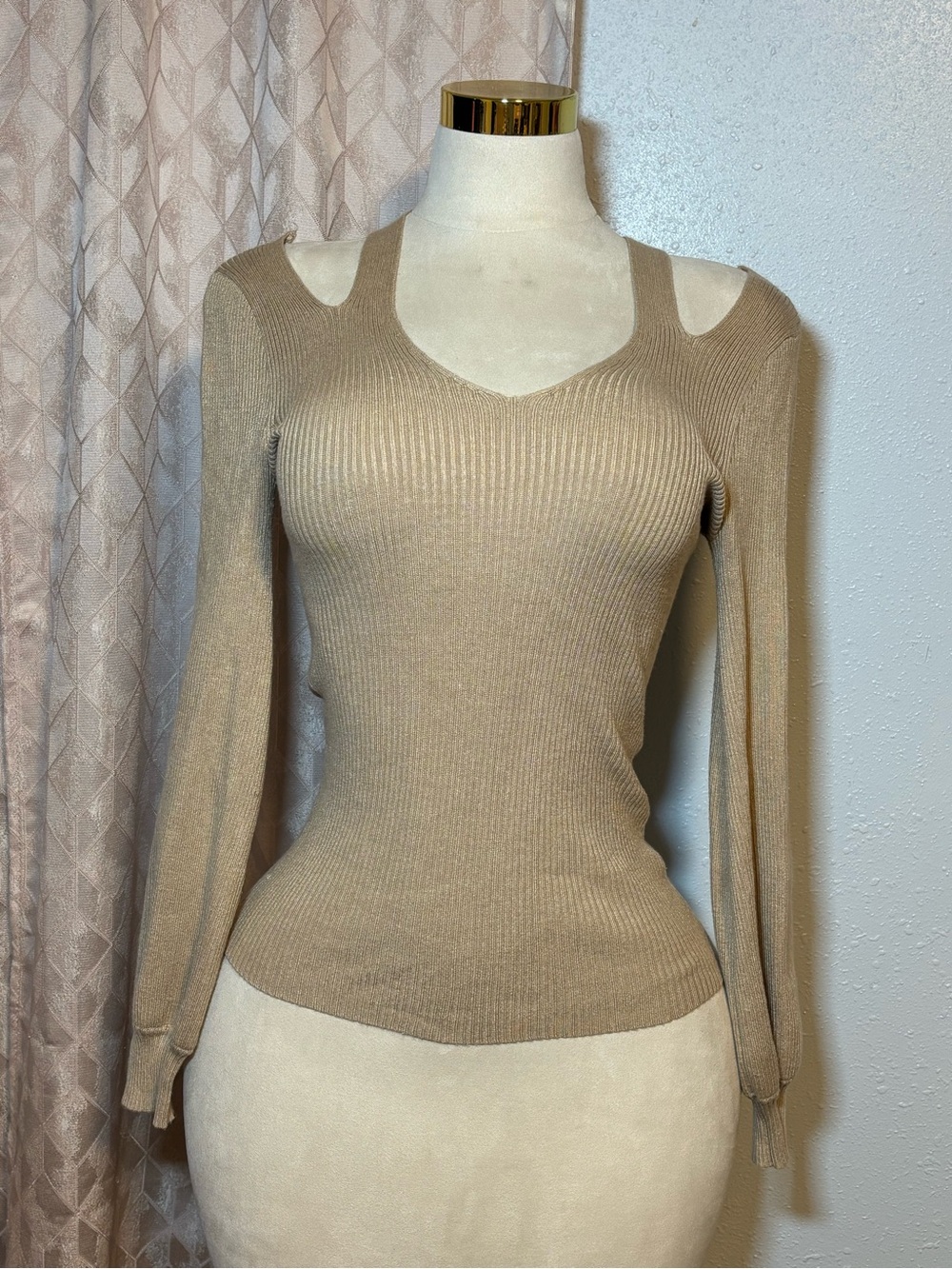 Almost Famous Neutral Beige Ribbed V-Neck Sweater